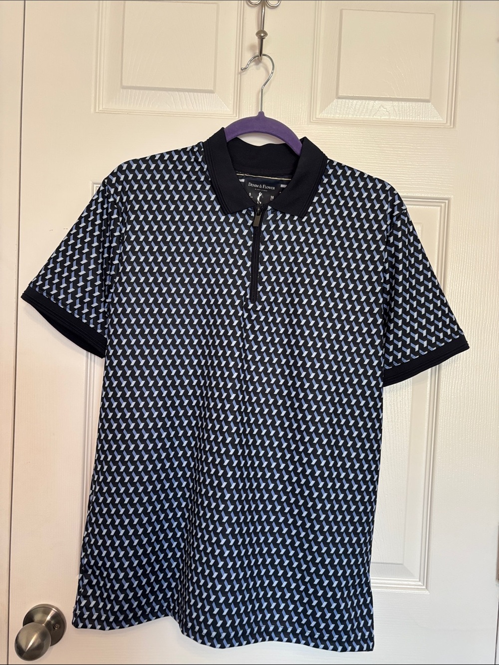 Denim & Flower Navy and Light Blue Geometric Zip Polo Size S NWT